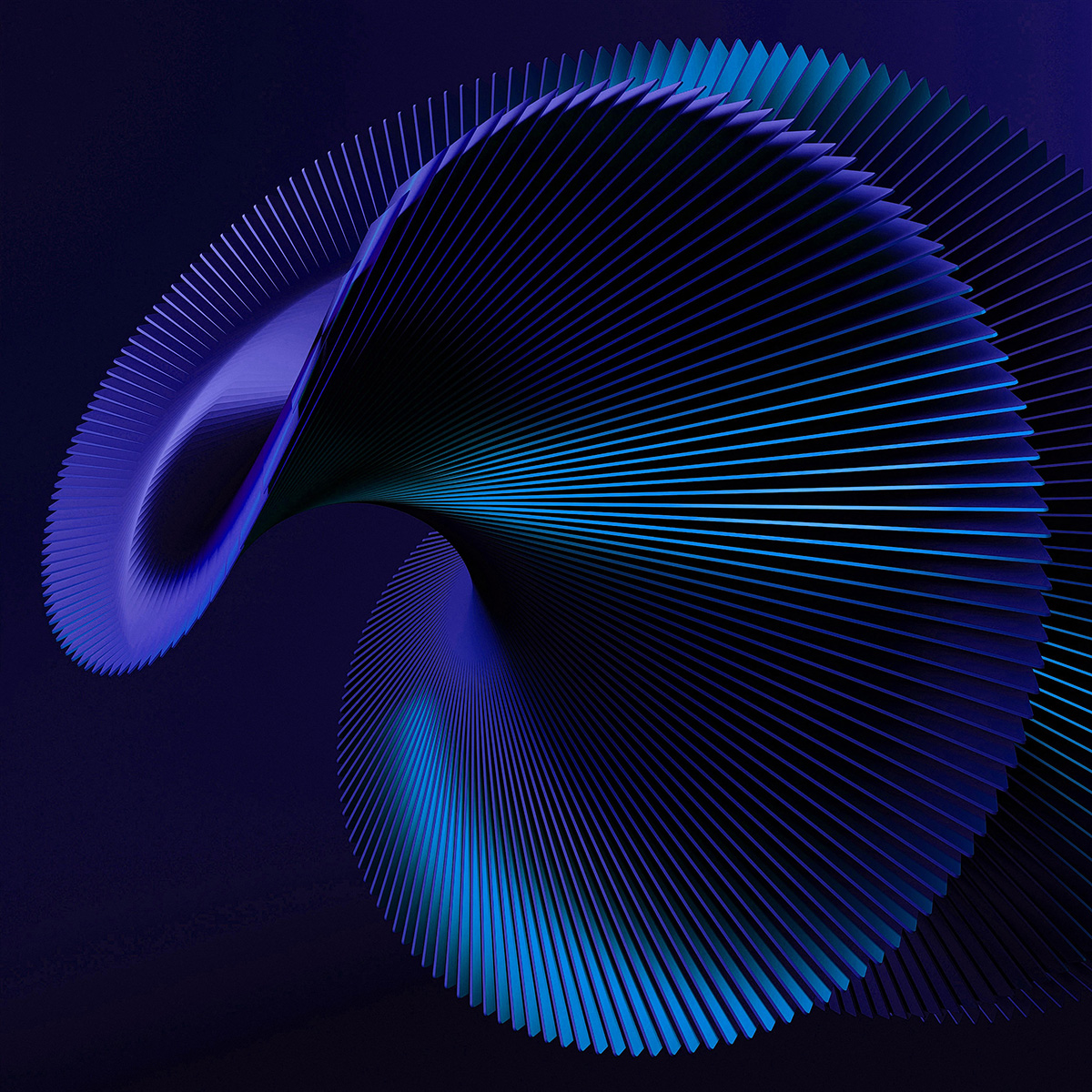 Complex layered spiral pattern in blue hues against a dark background.