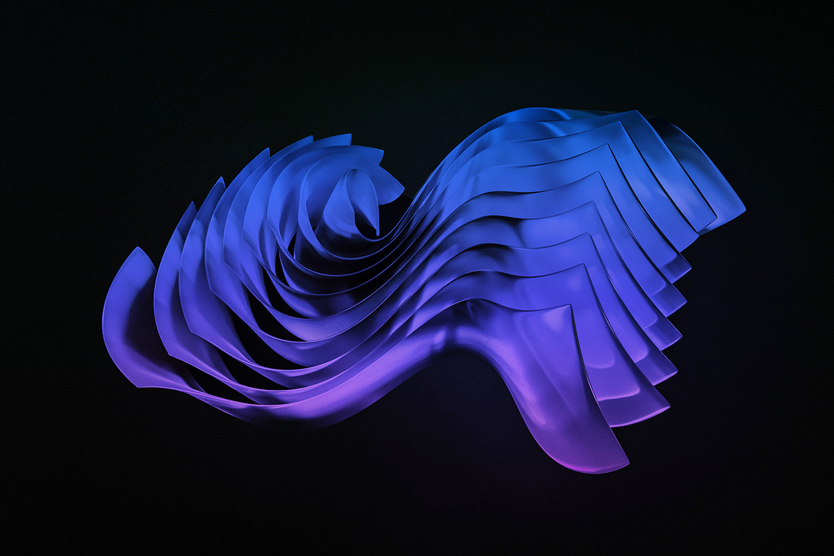Flowing blue and purple layered abstract wave on black background.